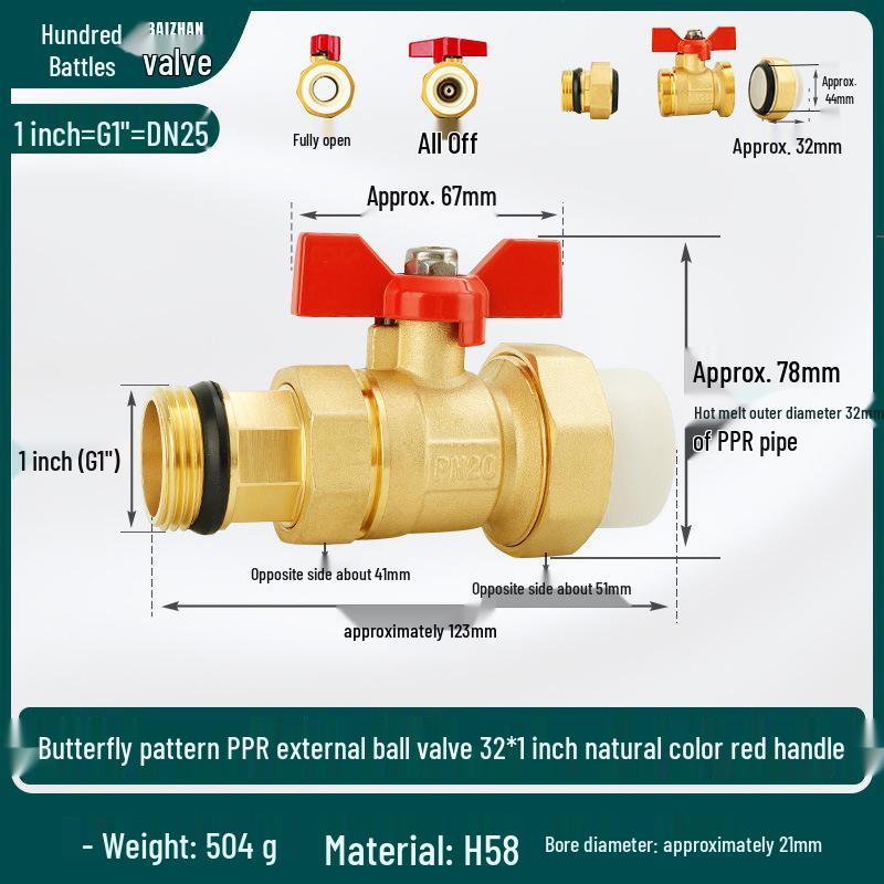 All-Copper PPR Male Thread Double Union Ball Valve for Water Pipes - Compatible with 4, 6, 20, 25, and 32 Points.