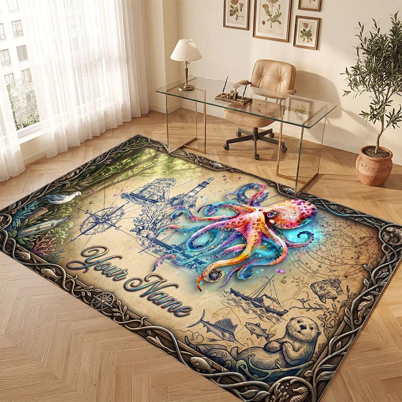 Octopus Sea Life Theme Crystal Velvet Floor Rug Personalized Custom Name Text Warm Carpet Home Decoration