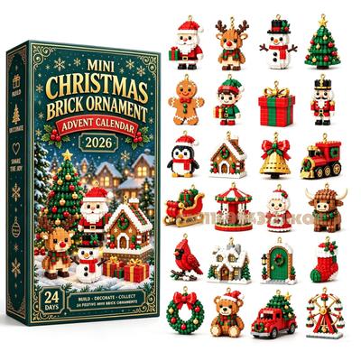 24denní mini vánoční cihlový ozdobný adventní kalendář, Jedinečné designy, Sestavitelné cihličky, Včetně závěsných poutek, Odpočítávání do svátků