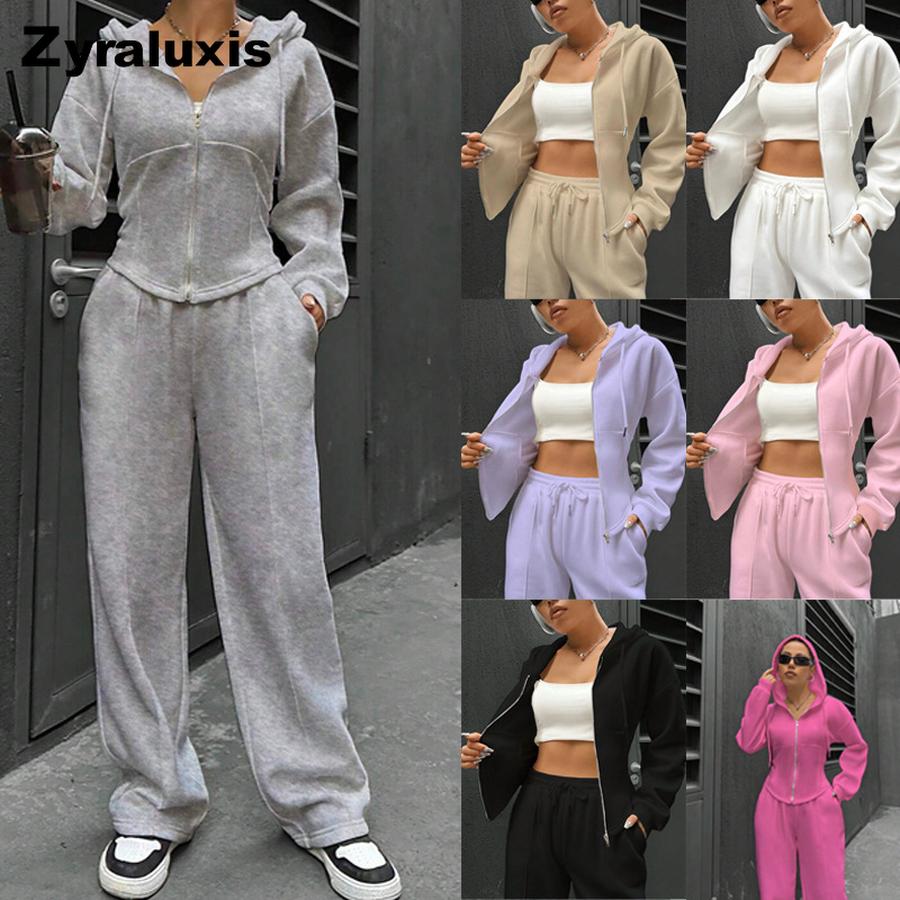 Fall Winter Women's Hoodie Cardigan Slim Fit Sweatpants Casual Wide Leg Set