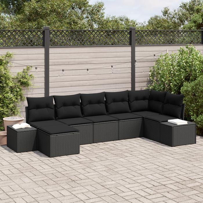 VidaXL Ensemble de canapé de jardin 7 pièces avec coussins en poly rattan noir 3347153