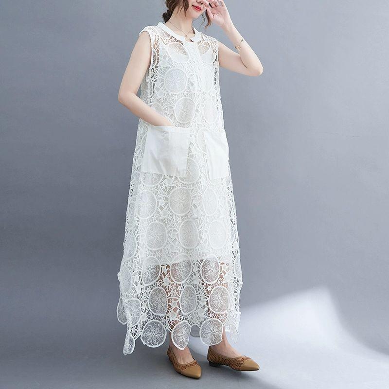 Retro Embroidered Lace Sleeveless Vest Dress Set - Plus Size, Hollow-Out, Two-Piece, Summer Loose Fit.