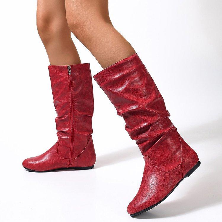 Women's Mid-Calf Boots 2026 Autumn/Winter Solid Color Suede Western Rider Boots Round Toe Flat Heel Slouch Boots