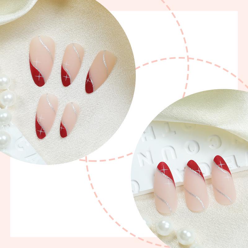 Removable French Glitter Almond Wearable False Nail Patches