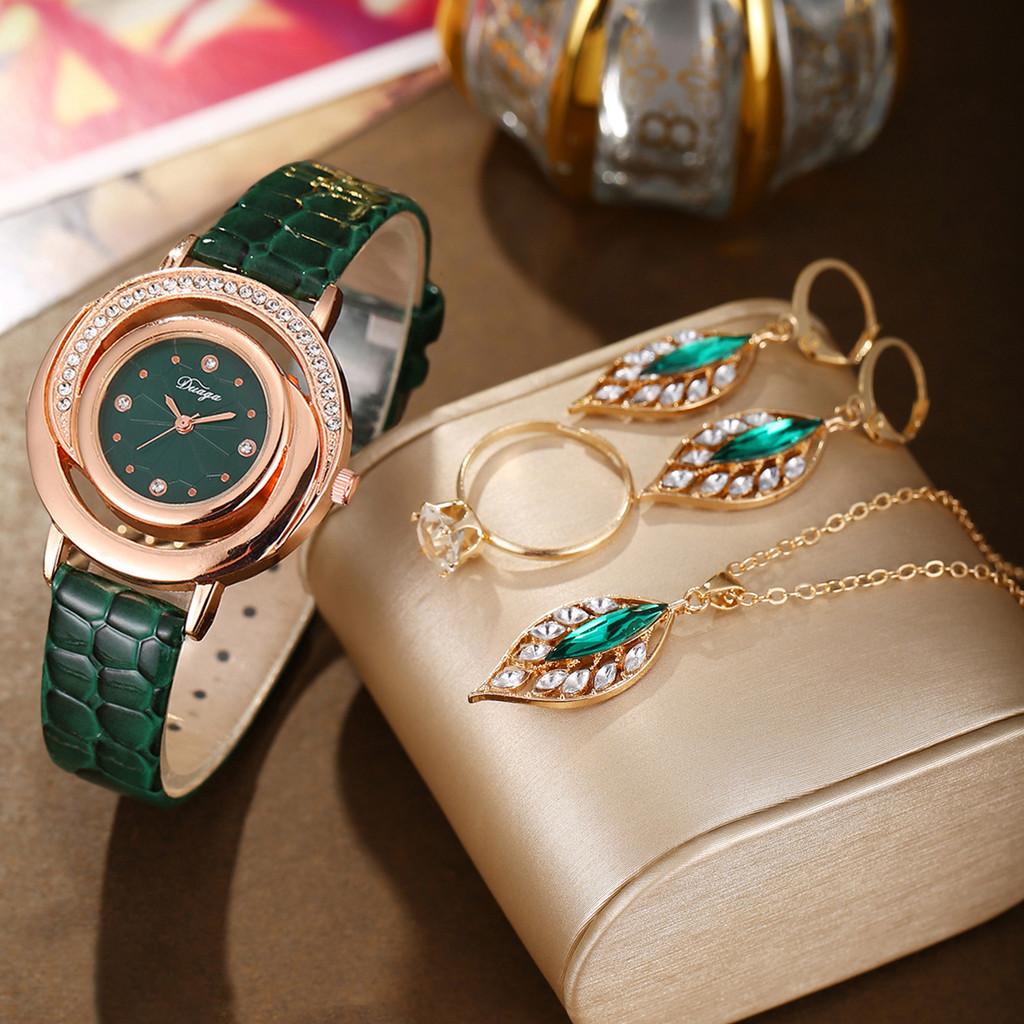 Womens Fashion Snake Print Leather Watch Jewelry Set With Diamond Accents For Gift
