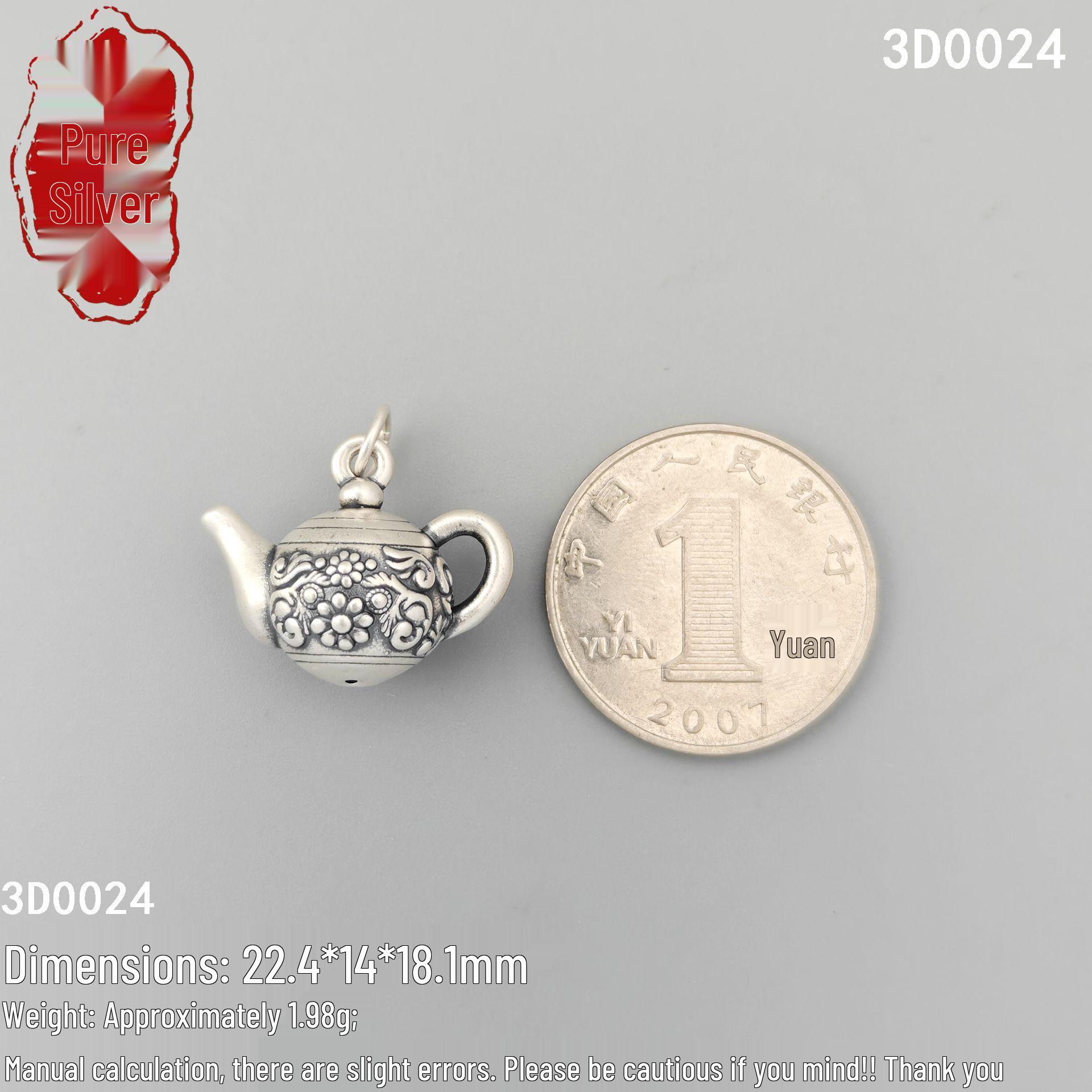 S999 Sterling Silver 3D Retro Teapot DIY Beads - Auspicious Jewelry Accessories & Spacer Ornaments.