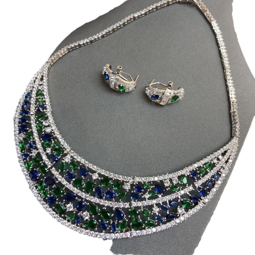 Large Bridal Emerald Earrings Necklace Set Zircon Micro-Inlaid Diamond Earrings Two-Piece Set