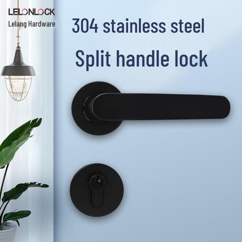 Silent Black Door Handle Set with Pure Copper Cylinder & 304 Stainless Steel Lever Lock