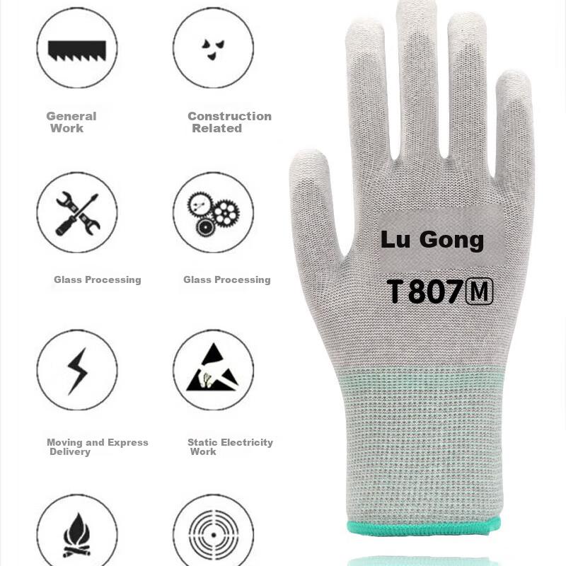 Anti-Static Gloves, Carbon Fiber Nylon, PU Palm Coating, Lightweight Breathable Non-Slip Touchscreen Compatible, Labor Protection, Size M, 10 Pairs