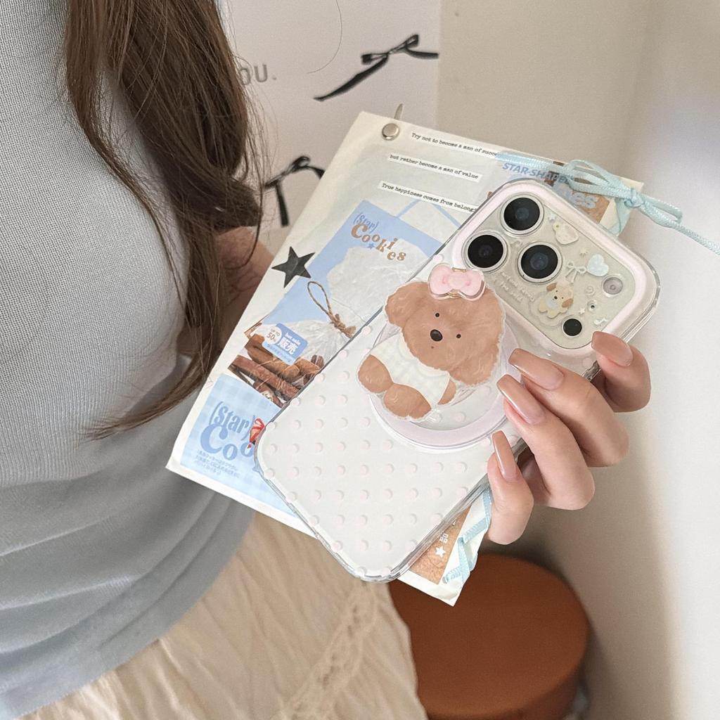 Korean-Style Pink Polka Dot iPhone 17/16/15 Case with Brown Puppy Stand, Compatible with 17 Pro Max for Women
