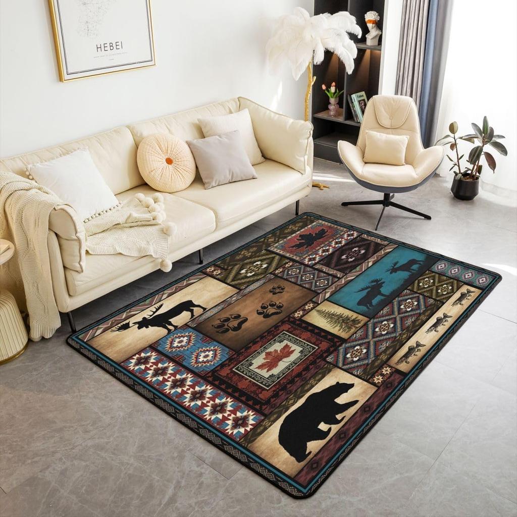 Erosebridal Rustic Cabin Lodge Area Rug 6'6" x 4'11" for Bedroom Living Room Playroom,Hunting Bear Deer Carpet,Southwestern Aztec Decorative