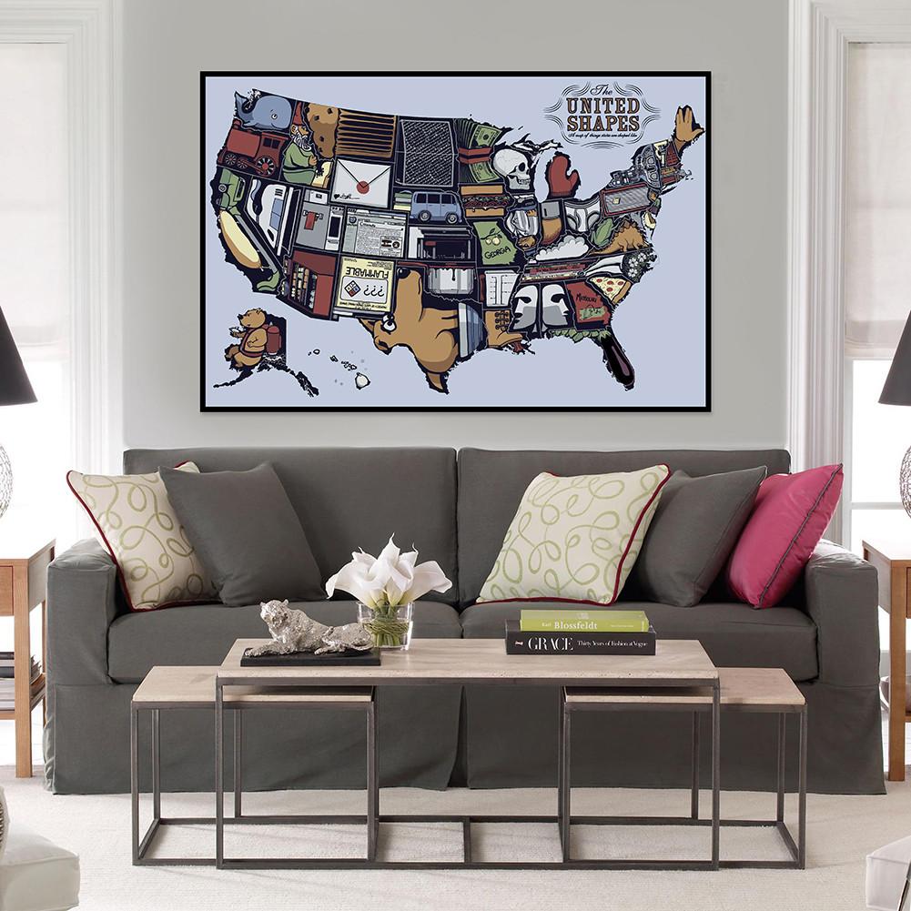 English Language-Abstract Art Map-United States,Frameless Wall Hanging Decor,Geographical Tool,Tourism/education Tool