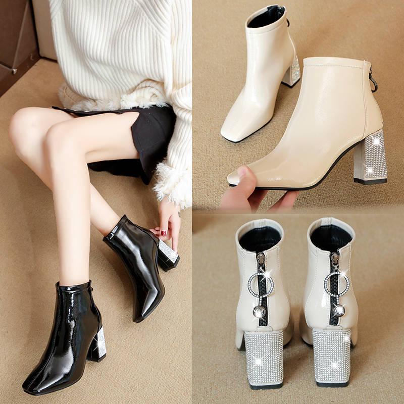 Stivali da Donna alla Moda con Zip Stivali Casual Punta Appuntita Tacco Alto Quadrato Caldi Stivaletti da Donna Taglia