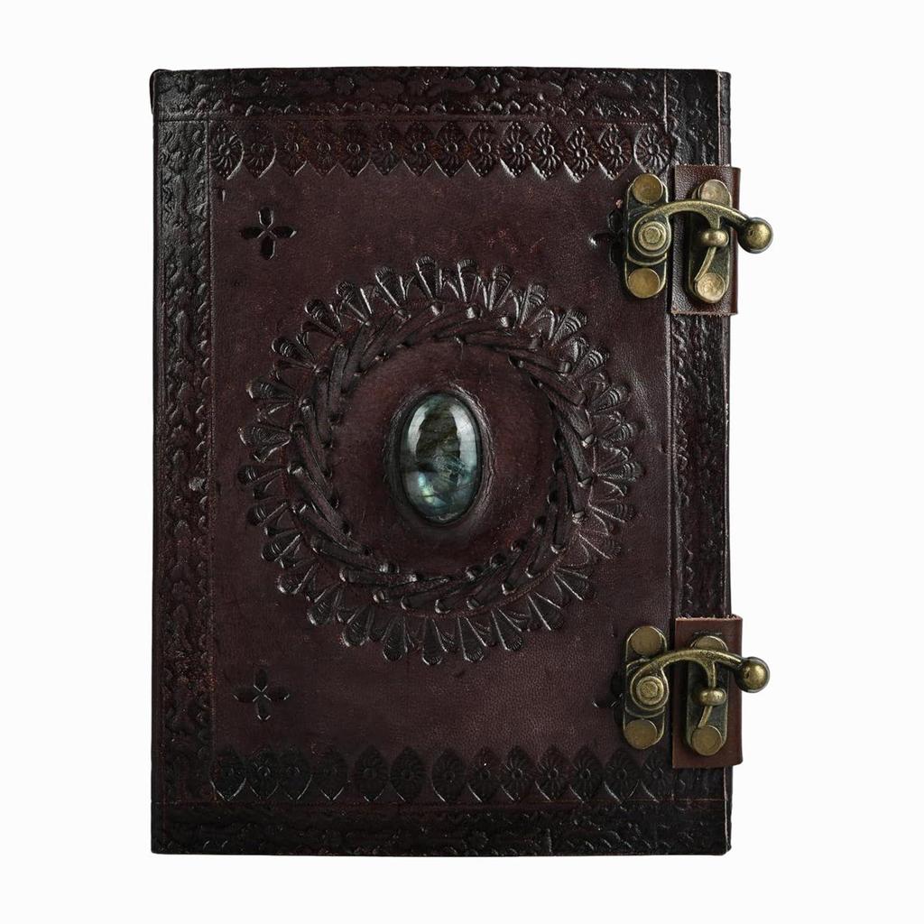 KE KanhaExports Vintage Leather Journal|Dark Brown Embossed Cover|Stone|Metal Lock| (4.25 X 6.25 Inch)