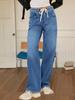 Damen High Waist Baggy Weite Beine Jeans Kordelzug Boyfriend Denim Hose