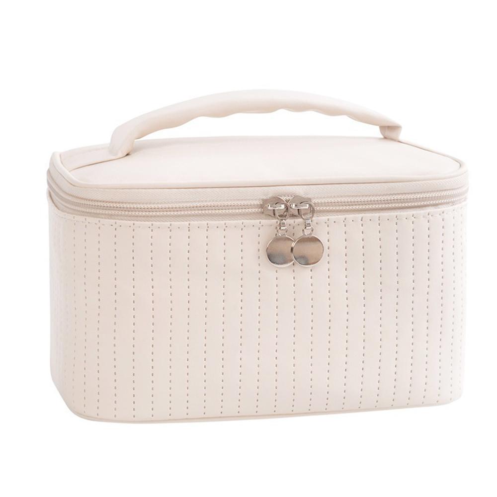 

Handheld Solid Color PU Leather Cosmetic Organization Storage Bag Portable Travel Toiletry Pouch for Women бежевий