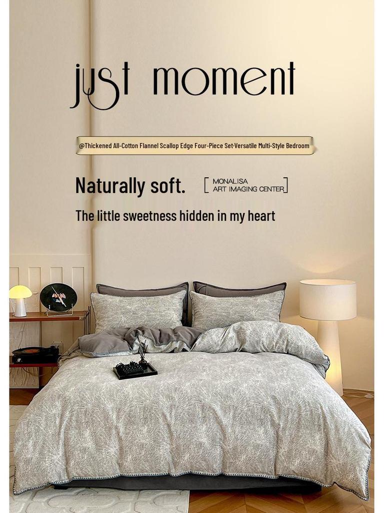 2025 New All-Cotton Flannel Bedding Set: Thick Quilt Cover, Triangular Edge, Warm Bed Sheet