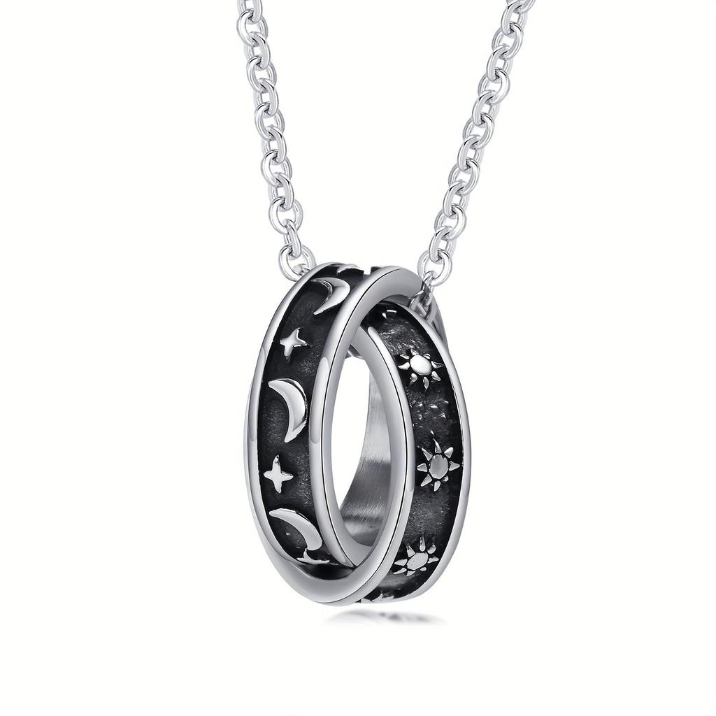 Literary and Fashion Star Moon Double Ring Pendant Necklace Fashion Hip Hop Accessories - Party Gifts