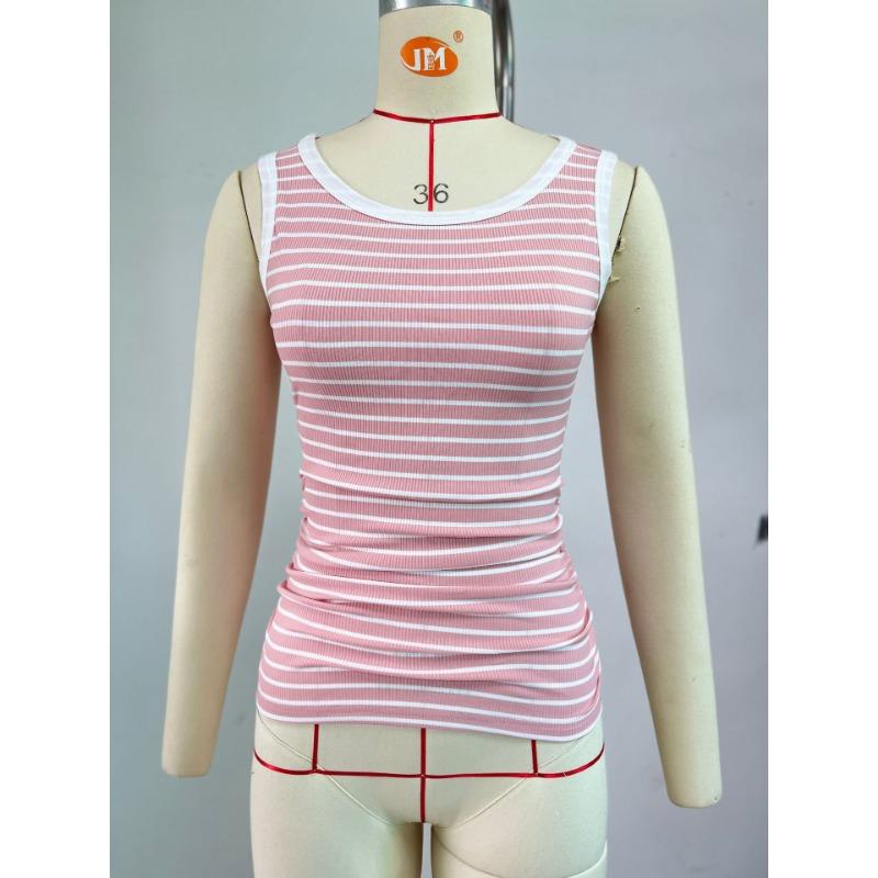 Striped Round Neck Contrasting Thread Vest Top
