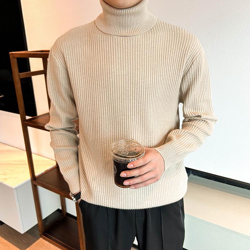 Men's Korean Style Ribbed High Neck Sweater - Autumn/Winter Versatile Long Sleeve Knitwear