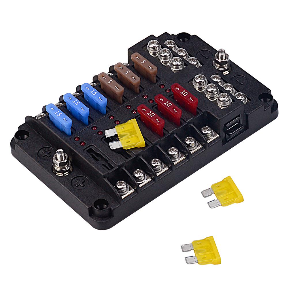 Blocco fusibili per barca marina a 12 Volt, Impermeabile a 12 vie con barra collettrice negativa di terra a 12 vie [100 Amp Max] [Fusibili ATC/ATO] [Indicatore LED] per Auto RV Camion Ecc.