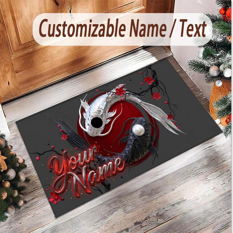 Koi Fish Theme Soft Crystal Velvet Rug Custom Name & Text Print Non Slip Floor Rug for Bedroom Living Room