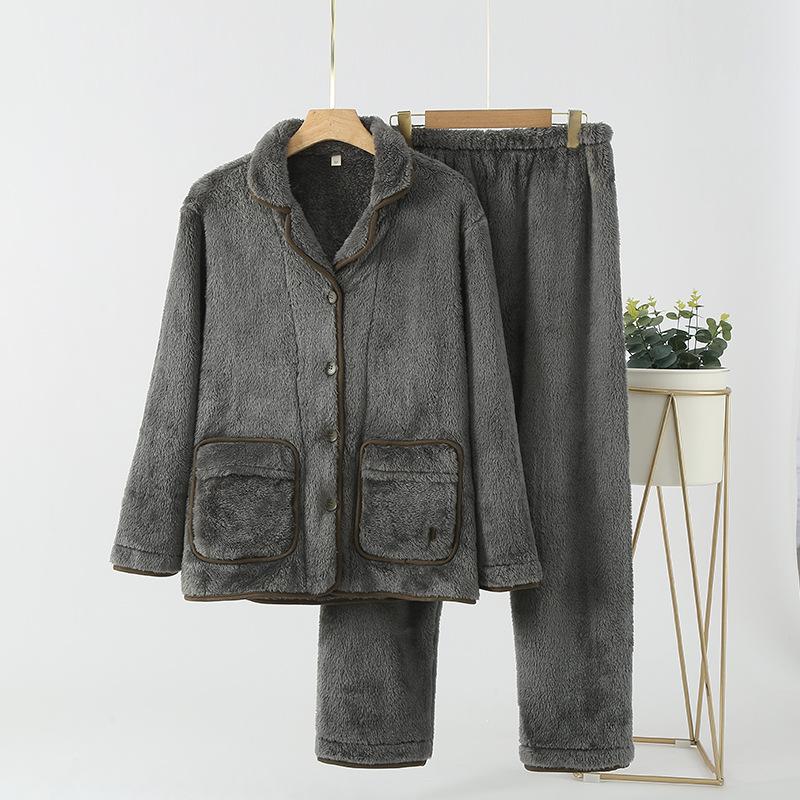 Autumn and winter loungewear warm thickened pajamas pajamas women's arctic velvet couple's solid color cardigan can be worn loosely