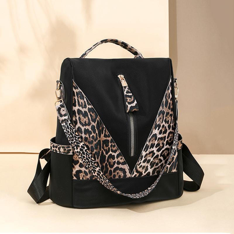 

Yogodlns Стильный многофункциональный роскошный рюкзак с леопардовым принтом для женщин, повседневный рюкзак с кисточками, большой вместимости, противокражный, дизайнерская нейлоновая сумка 33x15x35cm чёрный