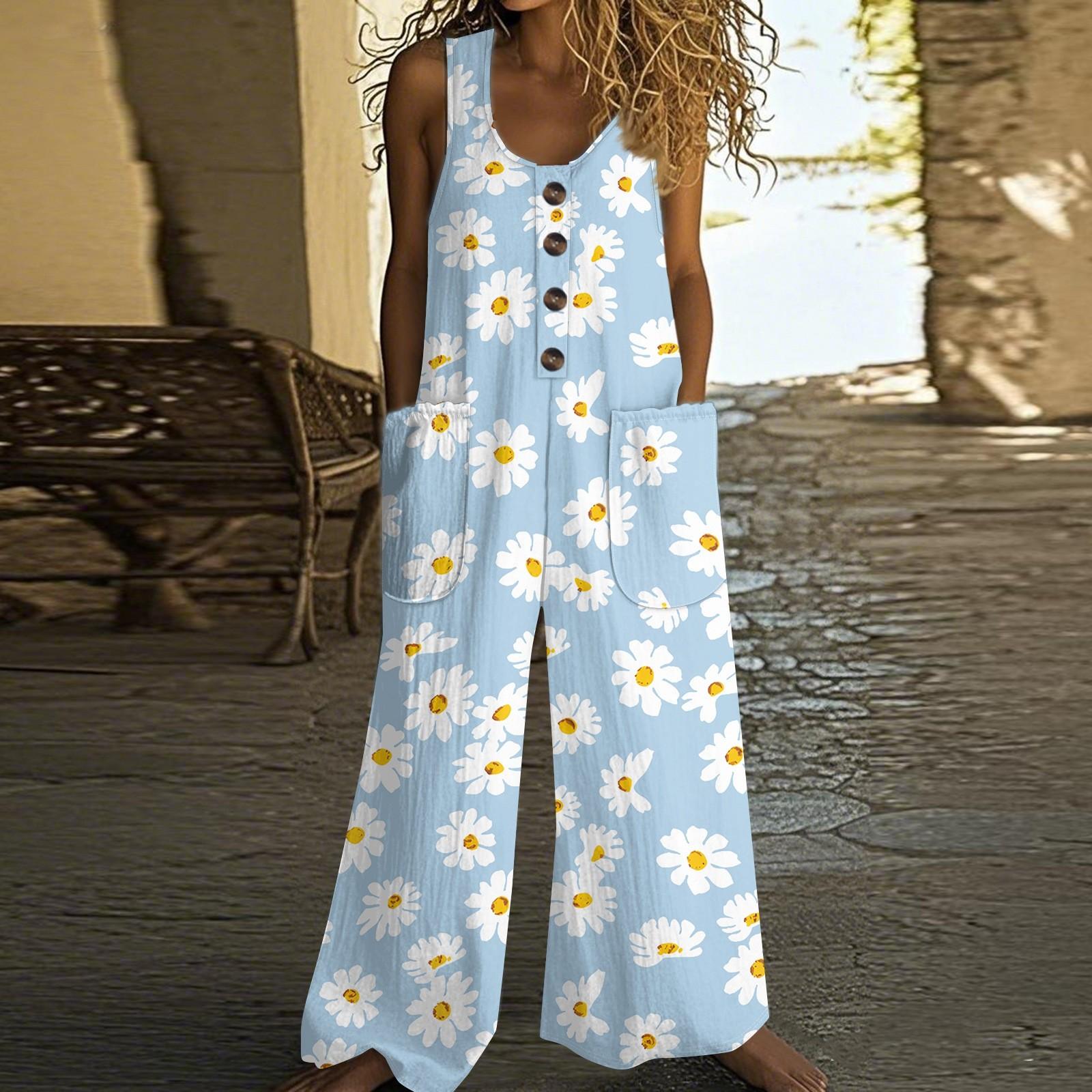 

Женский модный повседневный комбинезон без рукавов на пуговицах, комбинезон из хлопка с карманами и цветочным принтом в стиле ретро M