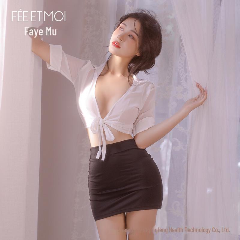 Feimu Sexy Secretary Lingerie Set: See-Through Professional Suit with Skirt
