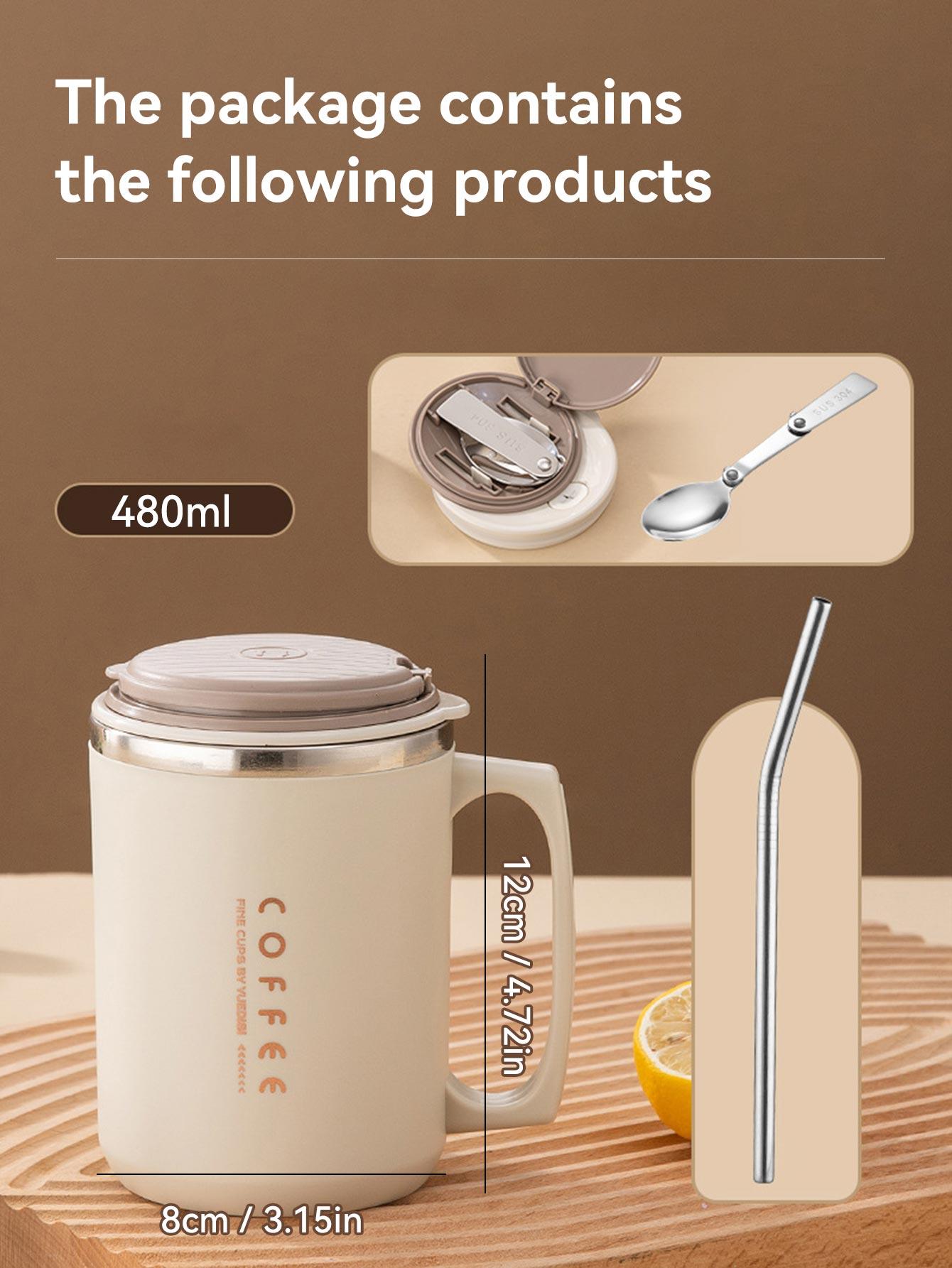 

480 мл 304 нержавеющая сталь кружка кофе с крышкой и ложкой и соломинкой, изолированная чашка кофе для студентов взрослых офисных питьевых кружек 480ML бежевый