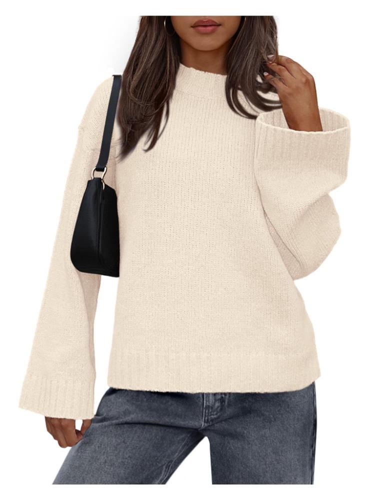 Podzim Zima Ležérní Kulatý Výstřih Volný Jednobarevný Svetr s Dlouhým Zvonovým Rukávem Pletený pro Ženy Luxusní Top Uvolněného Střihu Zeštíhlující a Všestranný