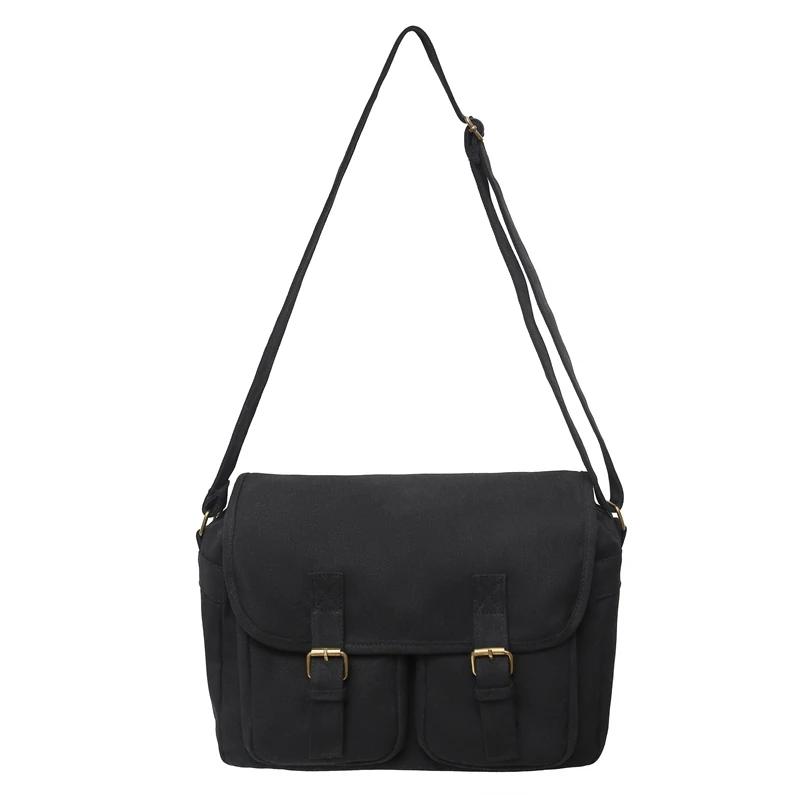 Casual Canvas Women Shoulder Bags Female School Messenger Bags Multi Pocket Flap Buckle Unisex College Student Crossbody Bookbag