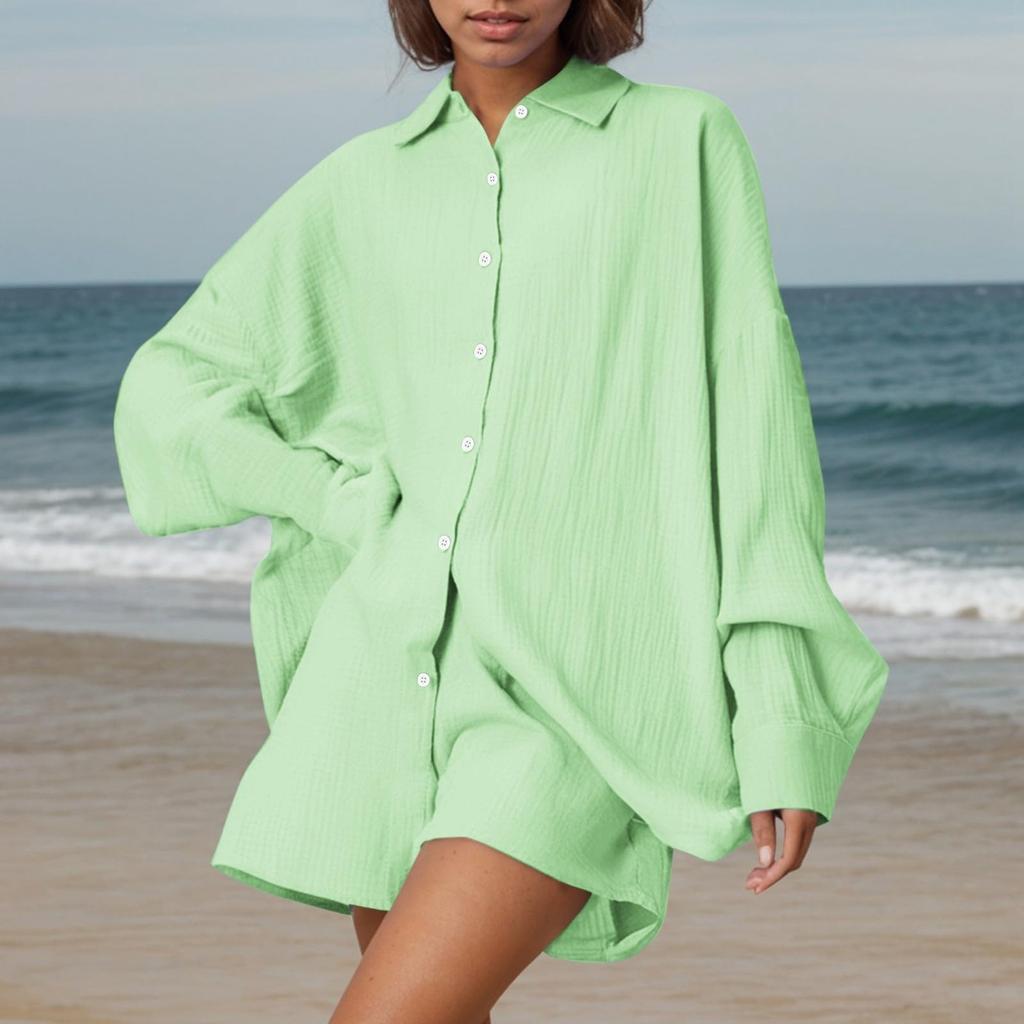 Women's Fashion Cardigan Solid Color Casual Pleated Long Sleeve Top Shorts Set