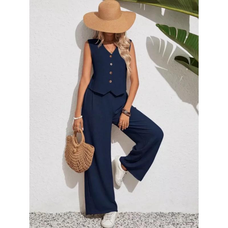 Summer Cotton Linen Women V-Neck Vest Front Button Vest Trousers Casual Suit Women Short Vest Top + Pants Two Peice Set