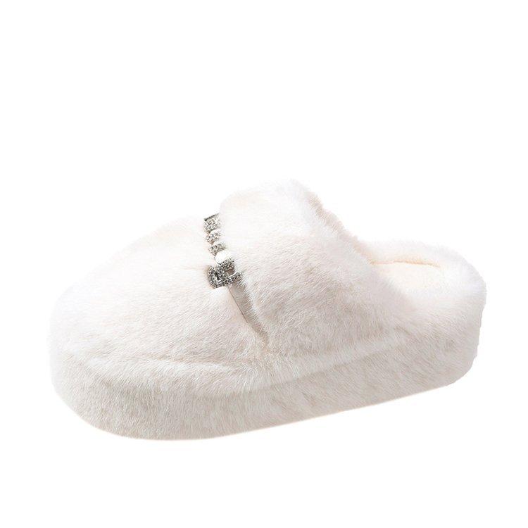 2025 Autumn and Winter New Thick-bottomed Fluffy Slippers Women's Outer Wear Bag Head Rhinestone Letters Fashionable Height-increasing Cotton Slippers