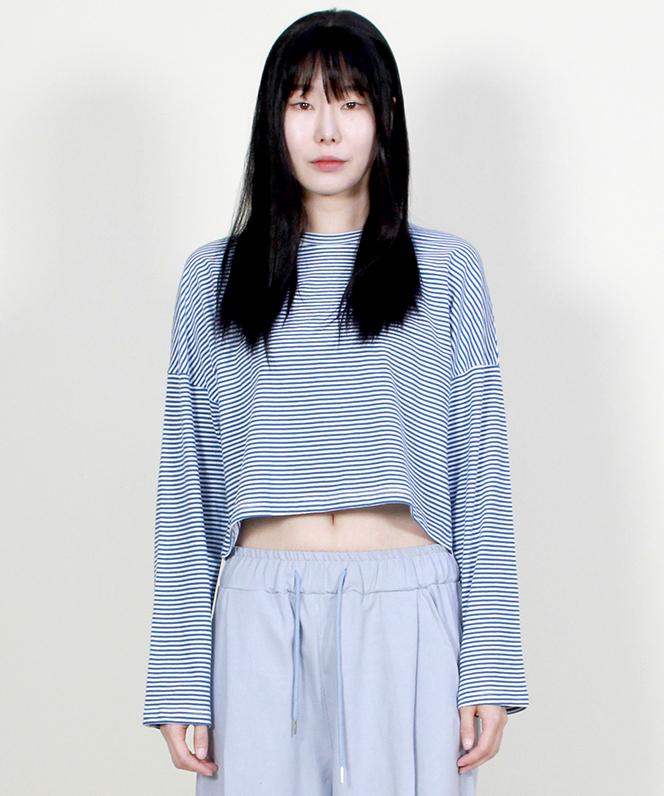 Deumakeu Loose Fit Plain Cropped Long Sleeve T-Shirt Striped Blue
