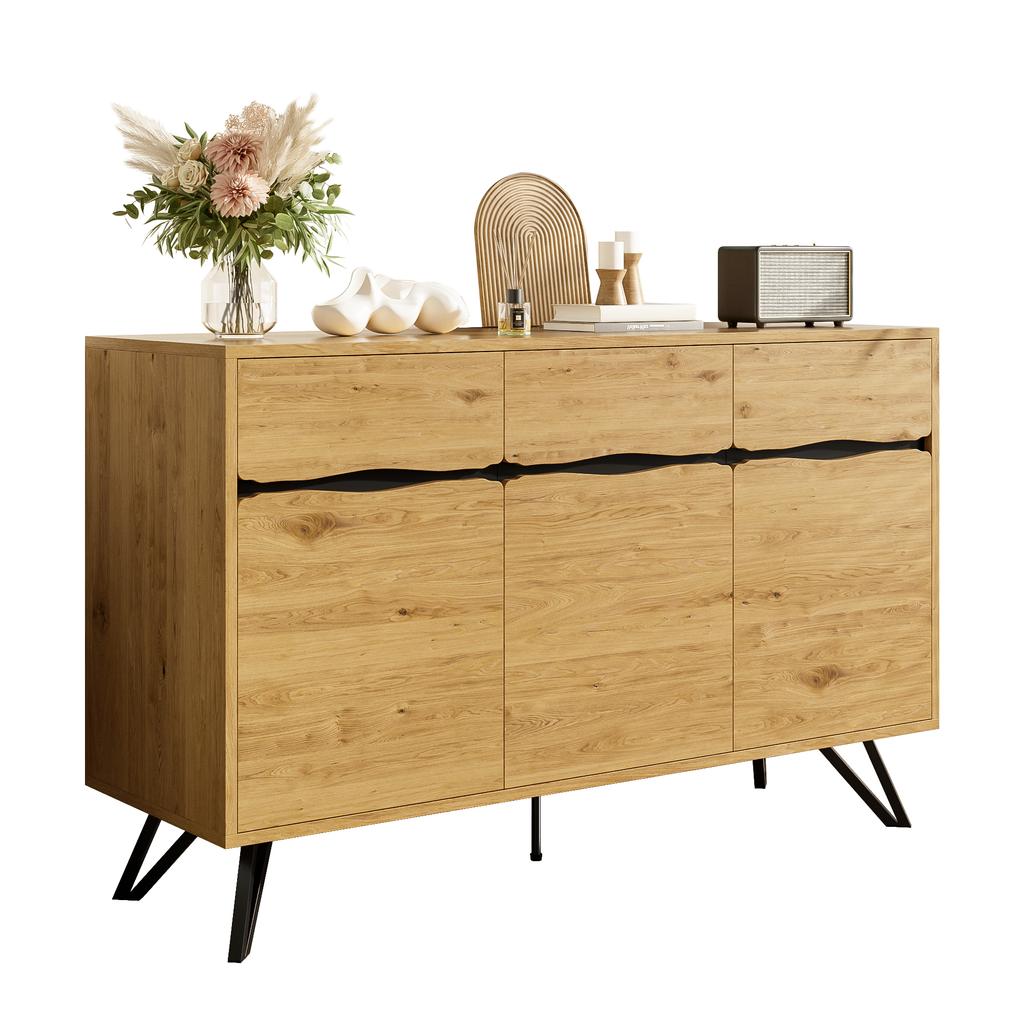 3-Door Sideboard in Wood Look with Metal Legs - Modern Design, Lots of Storage, Easy to Clean - Suitable for Living Room, Dining Room, Hallway