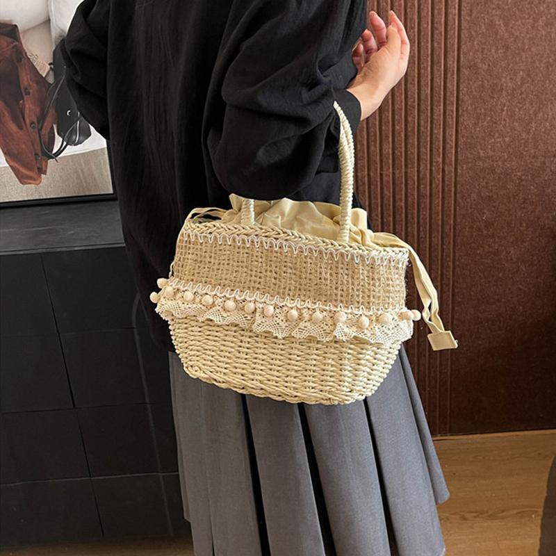 Yogodlns Women Straw Woven Bag Straw Tote Bag Large Capacity Weaving Shoulder Purse with Lace Woven Shopping HandBag Summer Beach Clutch