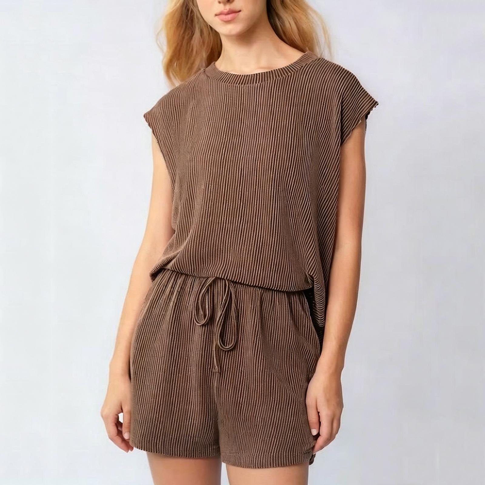 

Women Sleeveless Pullover Top and Shorts Set Casual Loose Fit Round Neck Summer Lounge Wear Two Piece Outfit M кофейный