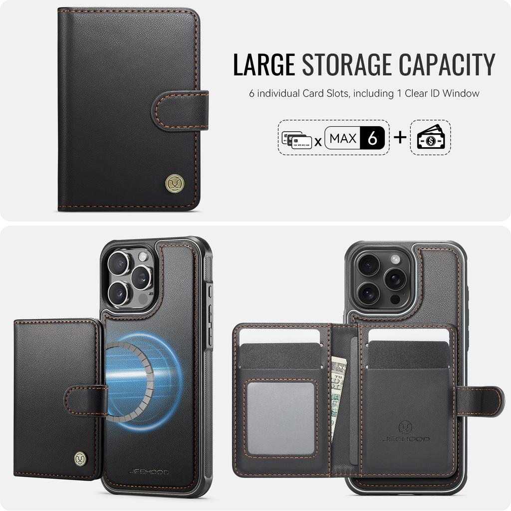 For iPhone 16 Pro Max Case JEEHOOD J09 RFID Blocking Card Holder Leather Back Phone Cover Compatible with MagSafe