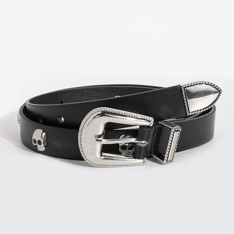 Y2k Womens Punk Leather Belt With Skull Decor And Metal Buckle For Casual Wear