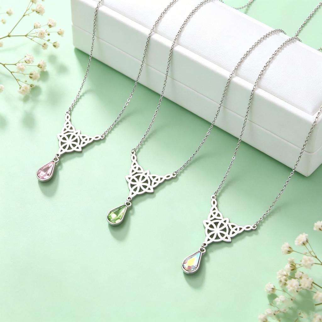 Triquetra Irish Knot Wicca Pendant Necklace Crystal Water Drop Neck Chain Choker Women Stainless Steel Witch Knot Jewelry