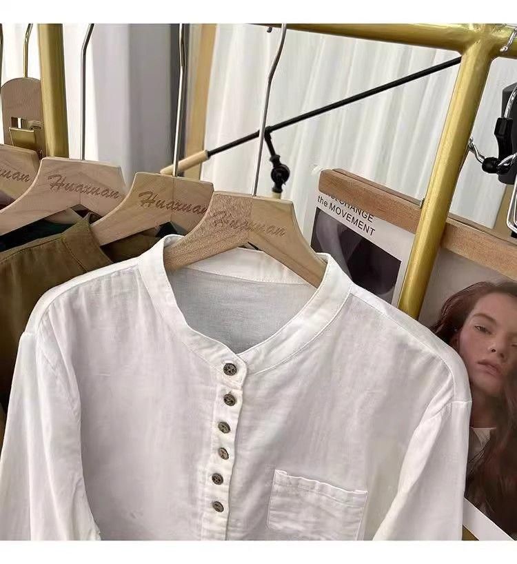 2025 Spring/Summer Women's Artistic Retro Korean Style Cotton Linen Stand Collar Shirt, Long Sleeve, Loose Fit