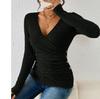Women's Casual Versatile V Neck Solid Color Lapel Slim Fit Long Sleeved Top Loose Long Sleeved Top