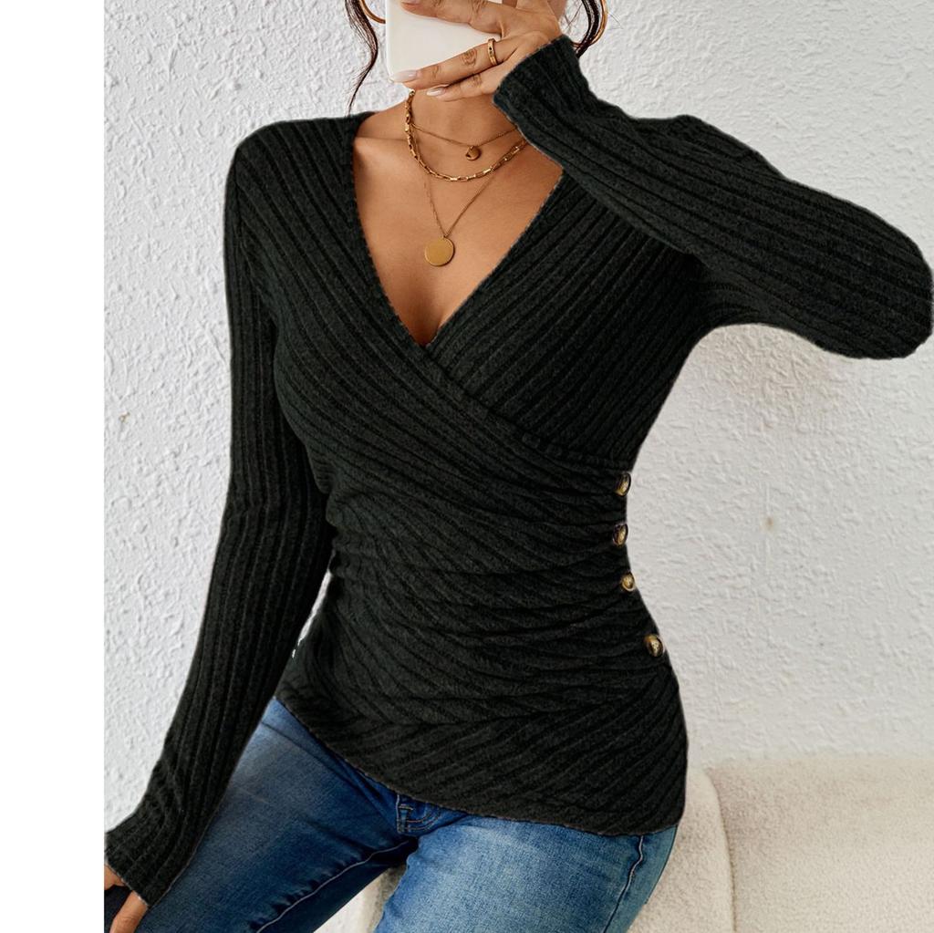 Women's Casual Versatile V Neck Solid Color Lapel Slim Fit Long Sleeved Top Loose Long Sleeved Top