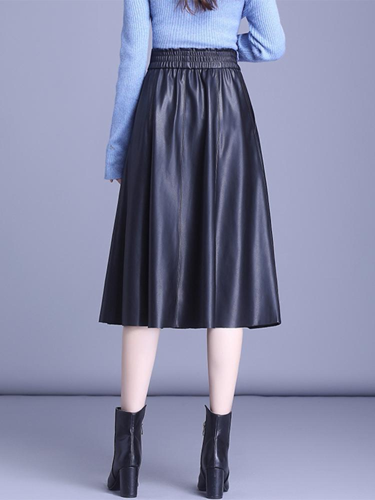 Women's Genuine Leather High Waist Midi Skirt - Autumn 2025 A-line Lambskin Umbrella Skirt