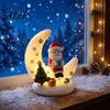 Elk Figurine Ornament Christmas Moon Night Light with Santa Claus, Resin Decoration Warm LED Ornaments Glow, Holiday Tabletop for Home