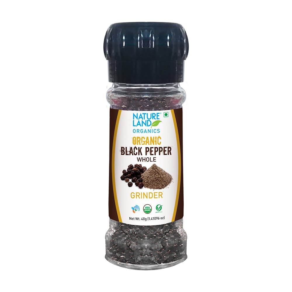 Natureland Organics Black Pepper Whole Grinder 40 gm - Organic Black Pepper Crusher