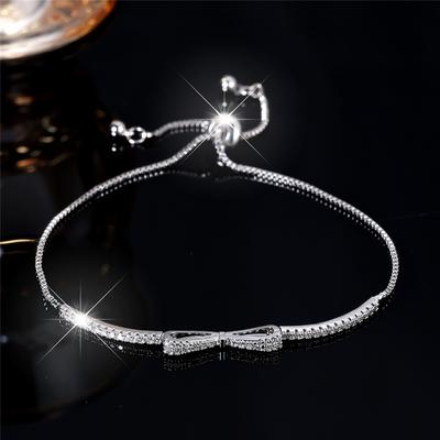 Charm Female White Zircon Stone Cute Bowknot Bracelet Cute Silver Color Adjustable Wedding  For Women